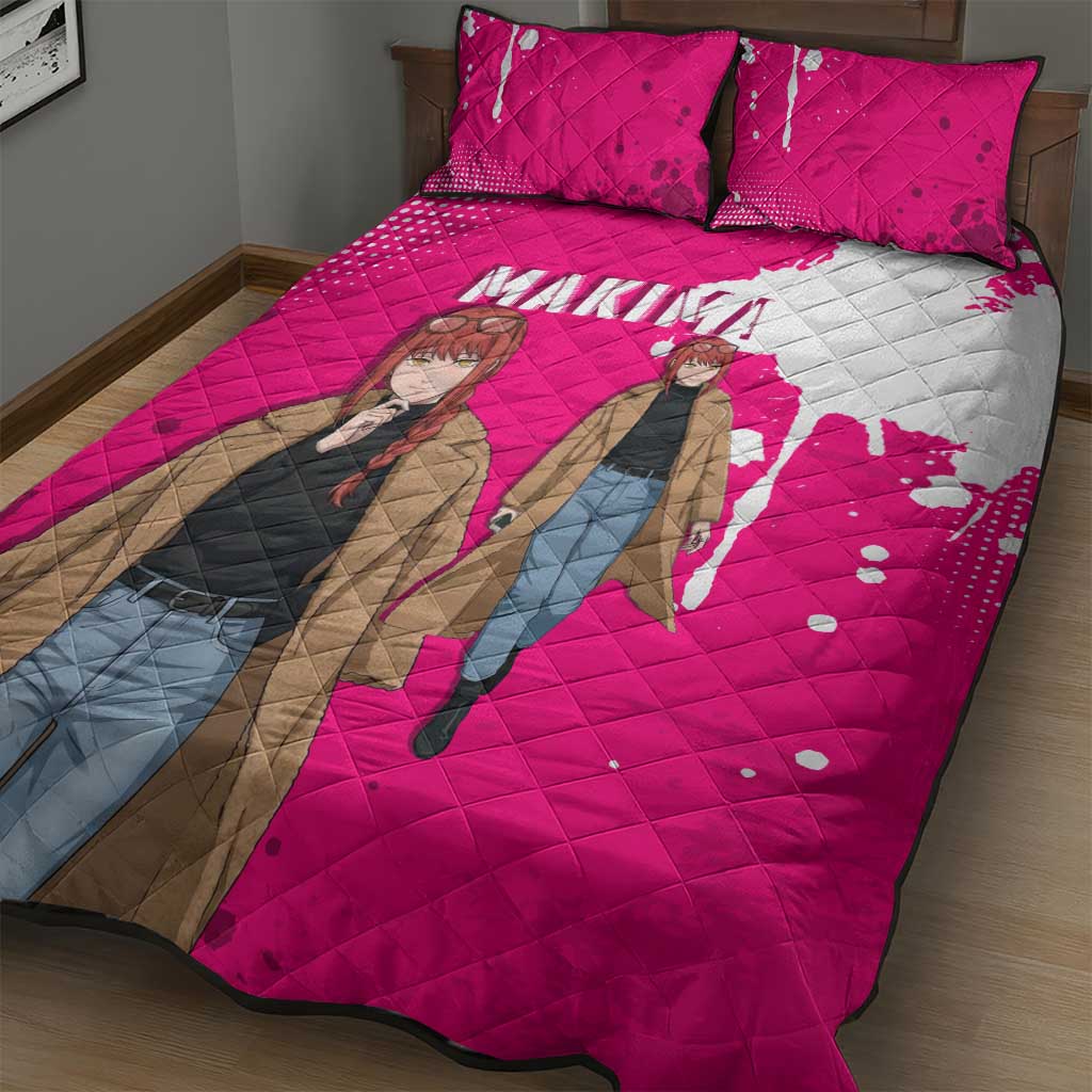 Makima Chainsaw Man Street Style Quilt Bed Set Bold Anime Grunge Aesthetic in Hot Pink