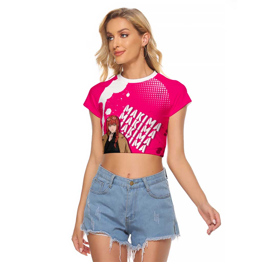 Makima Chainsaw Man Street Style Raglan Cropped T Shirt Bold Anime Grunge Aesthetic in Hot Pink