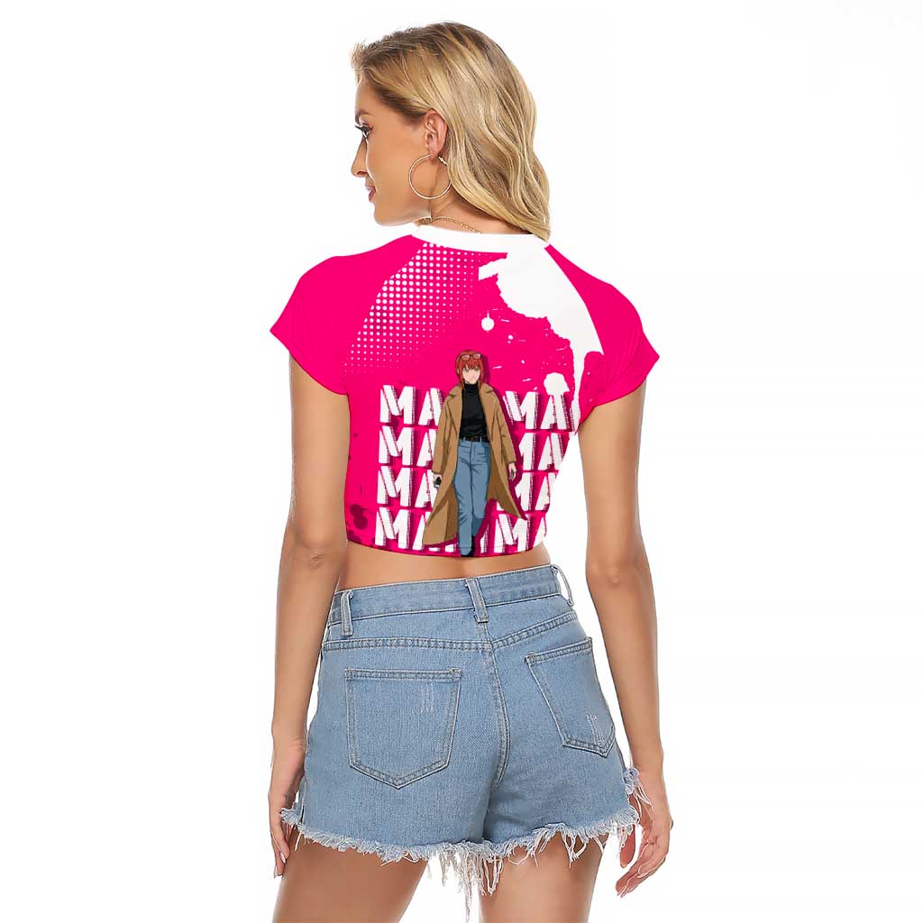 Makima Chainsaw Man Street Style Raglan Cropped T Shirt Bold Anime Grunge Aesthetic in Hot Pink