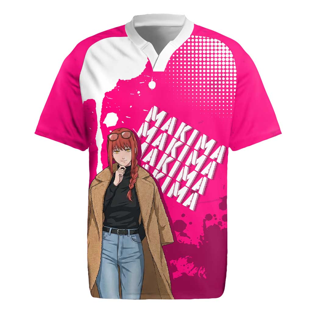 Makima Chainsaw Man Street Style Rugby Jersey Bold Anime Grunge Aesthetic in Hot Pink