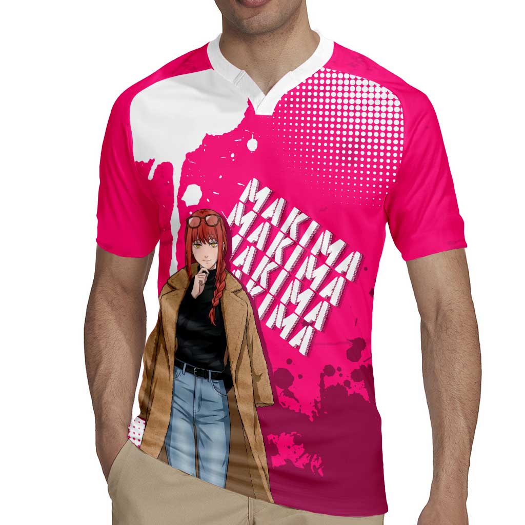 Makima Chainsaw Man Street Style Rugby Jersey Bold Anime Grunge Aesthetic in Hot Pink