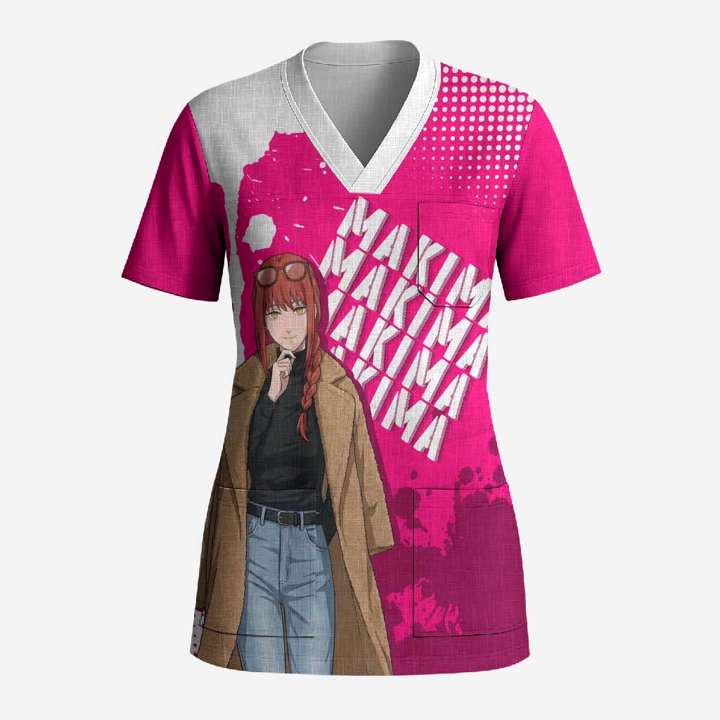 Makima Chainsaw Man Street Style Scrub Top Bold Anime Grunge Aesthetic in Hot Pink
