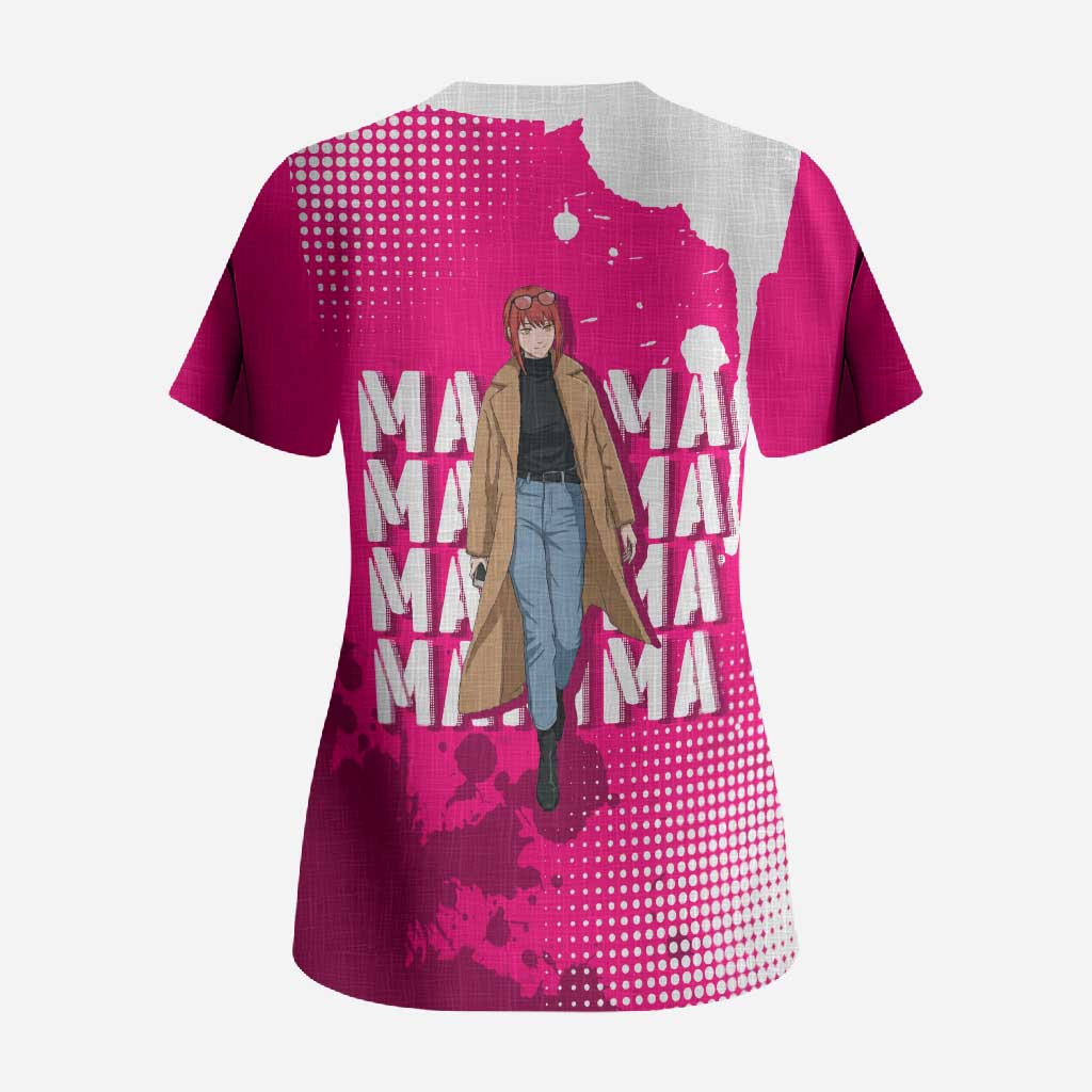 Makima Chainsaw Man Street Style Scrub Top Bold Anime Grunge Aesthetic in Hot Pink