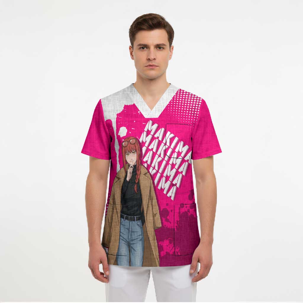 Makima Chainsaw Man Street Style Scrub Top Bold Anime Grunge Aesthetic in Hot Pink
