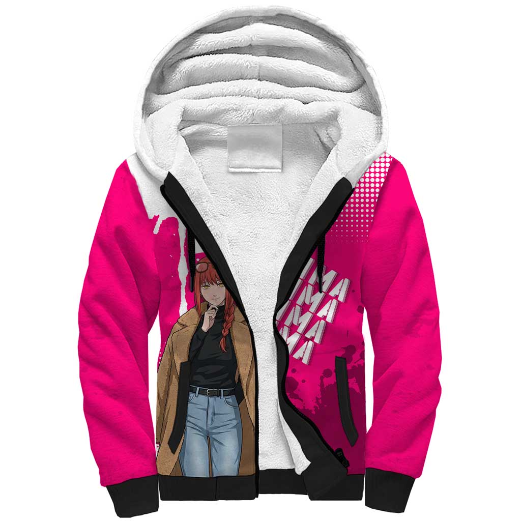 Makima Chainsaw Man Street Style Sherpa Hoodie Bold Anime Grunge Aesthetic in Hot Pink