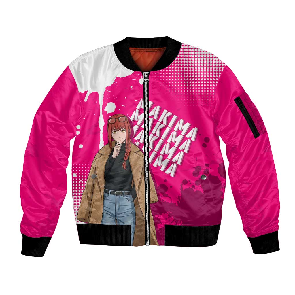 Makima Chainsaw Man Street Style Sleeve Zip Bomber Jacket Bold Anime Grunge Aesthetic in Hot Pink