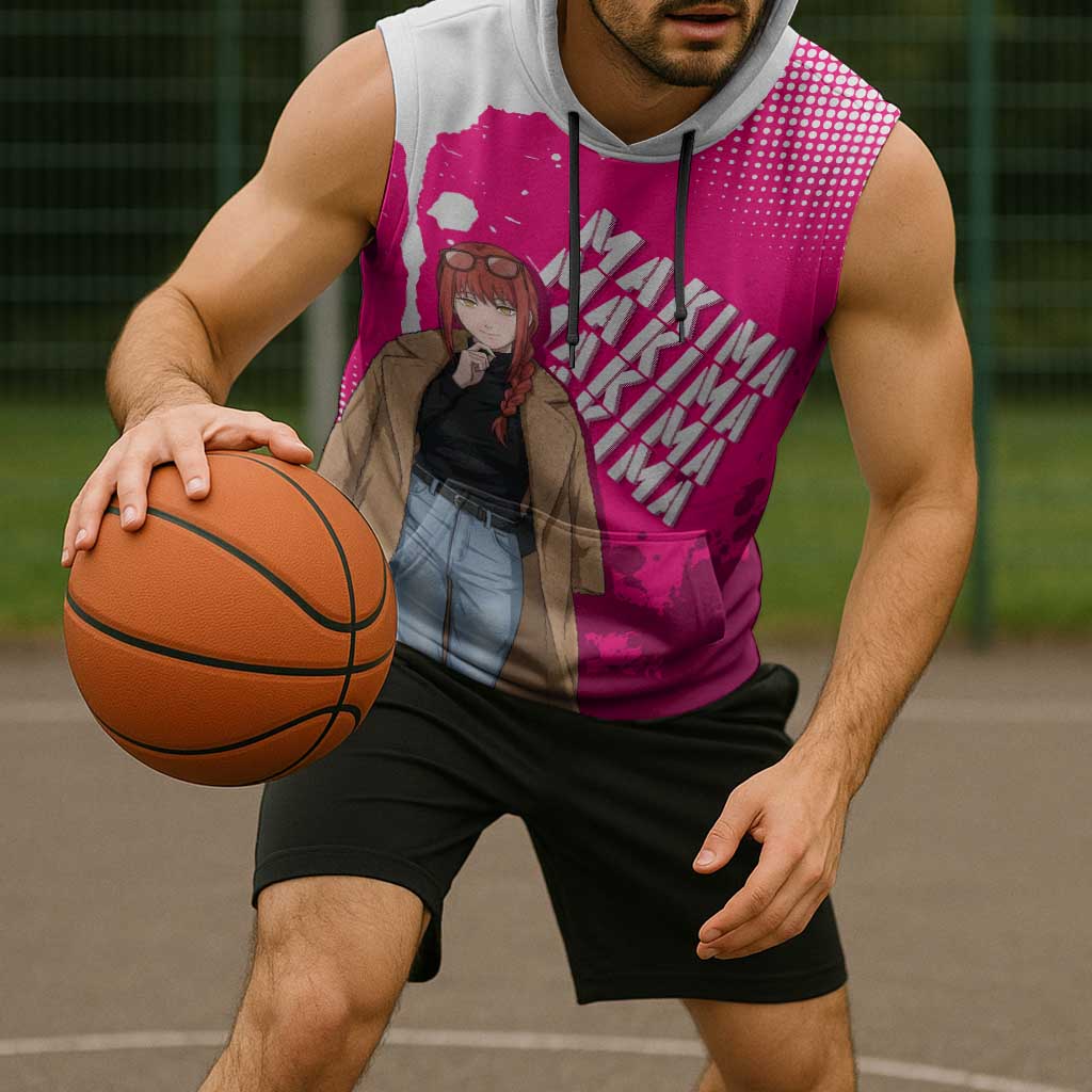 Makima Chainsaw Man Street Style Sleeveless Hoodie Bold Anime Grunge Aesthetic in Hot Pink