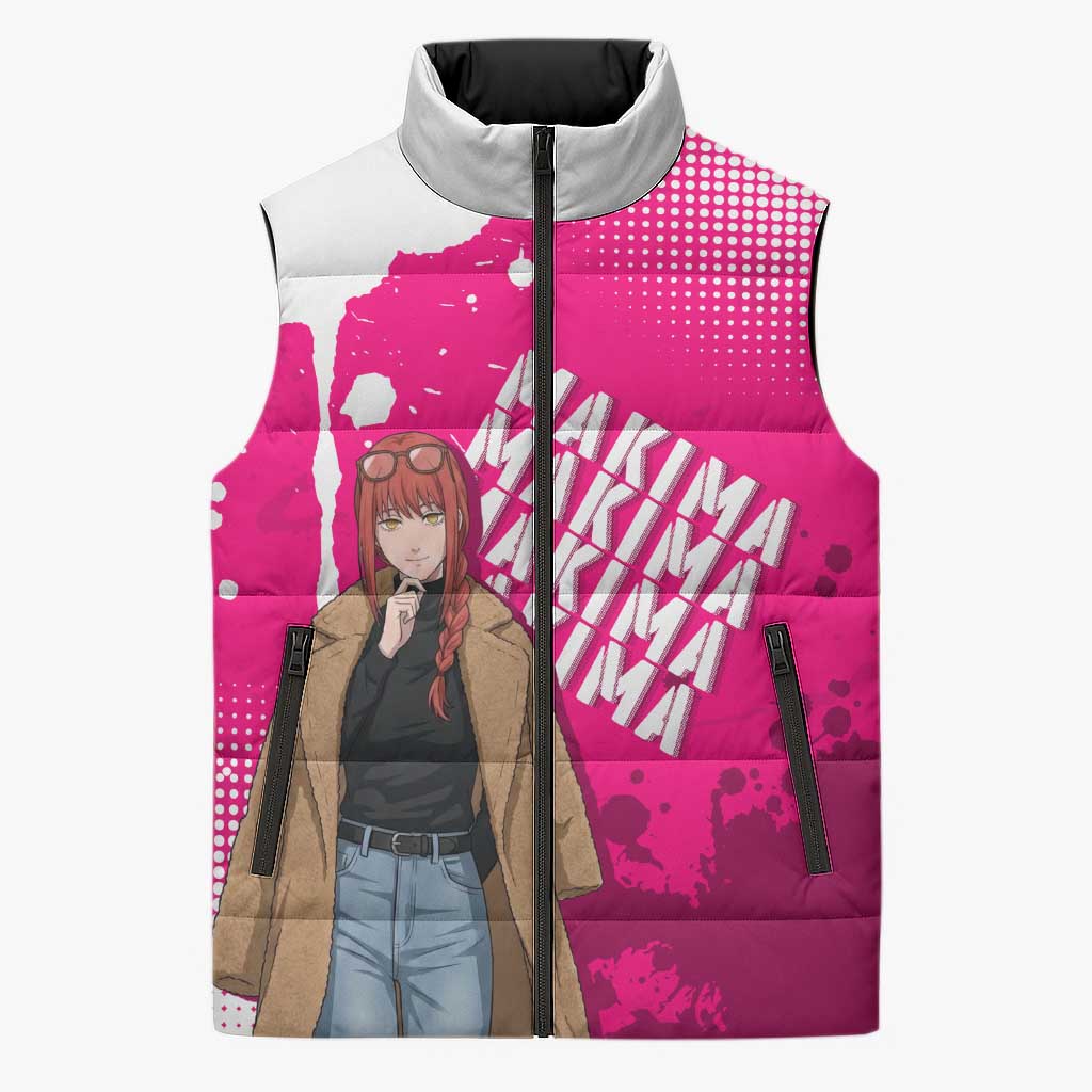 Makima Chainsaw Man Street Style Sleeveless Puffer Jacket Bold Anime Grunge Aesthetic in Hot Pink