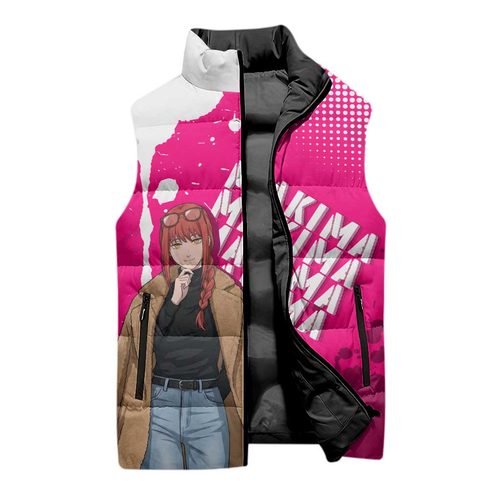 Makima Chainsaw Man Street Style Sleeveless Puffer Jacket Bold Anime Grunge Aesthetic in Hot Pink