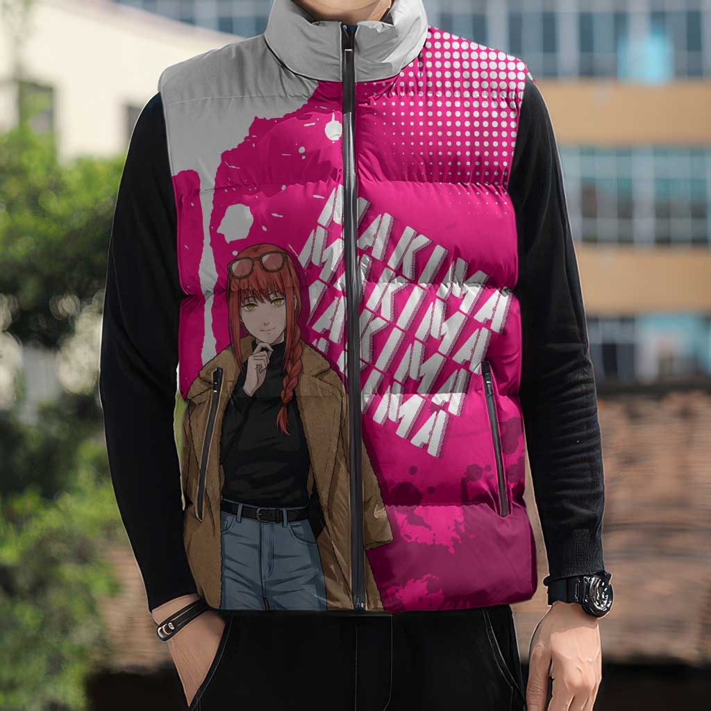 Makima Chainsaw Man Street Style Sleeveless Puffer Jacket Bold Anime Grunge Aesthetic in Hot Pink