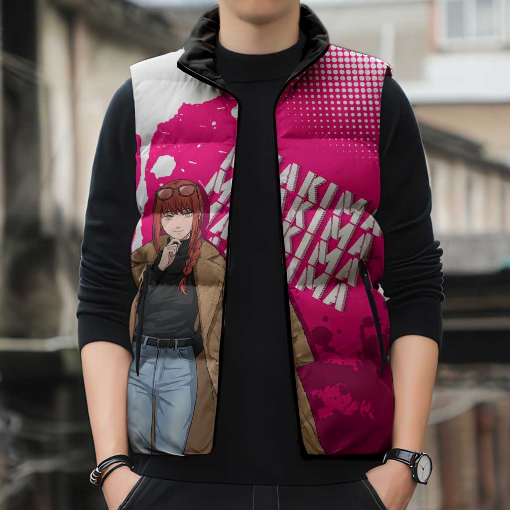 Makima Chainsaw Man Street Style Sleeveless Puffer Jacket Bold Anime Grunge Aesthetic in Hot Pink