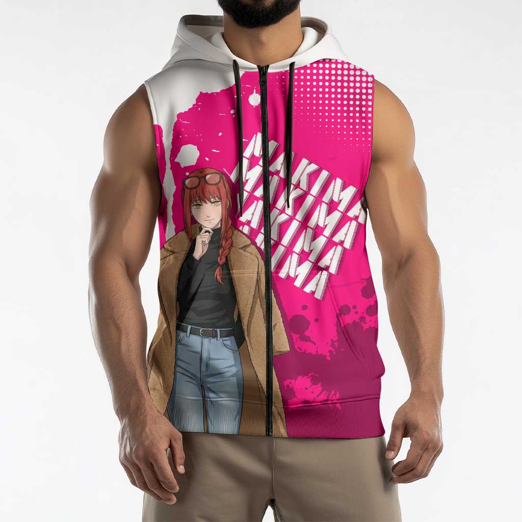 Makima Chainsaw Man Street Style Sleeveless Zip Hoodie Bold Anime Grunge Aesthetic in Hot Pink