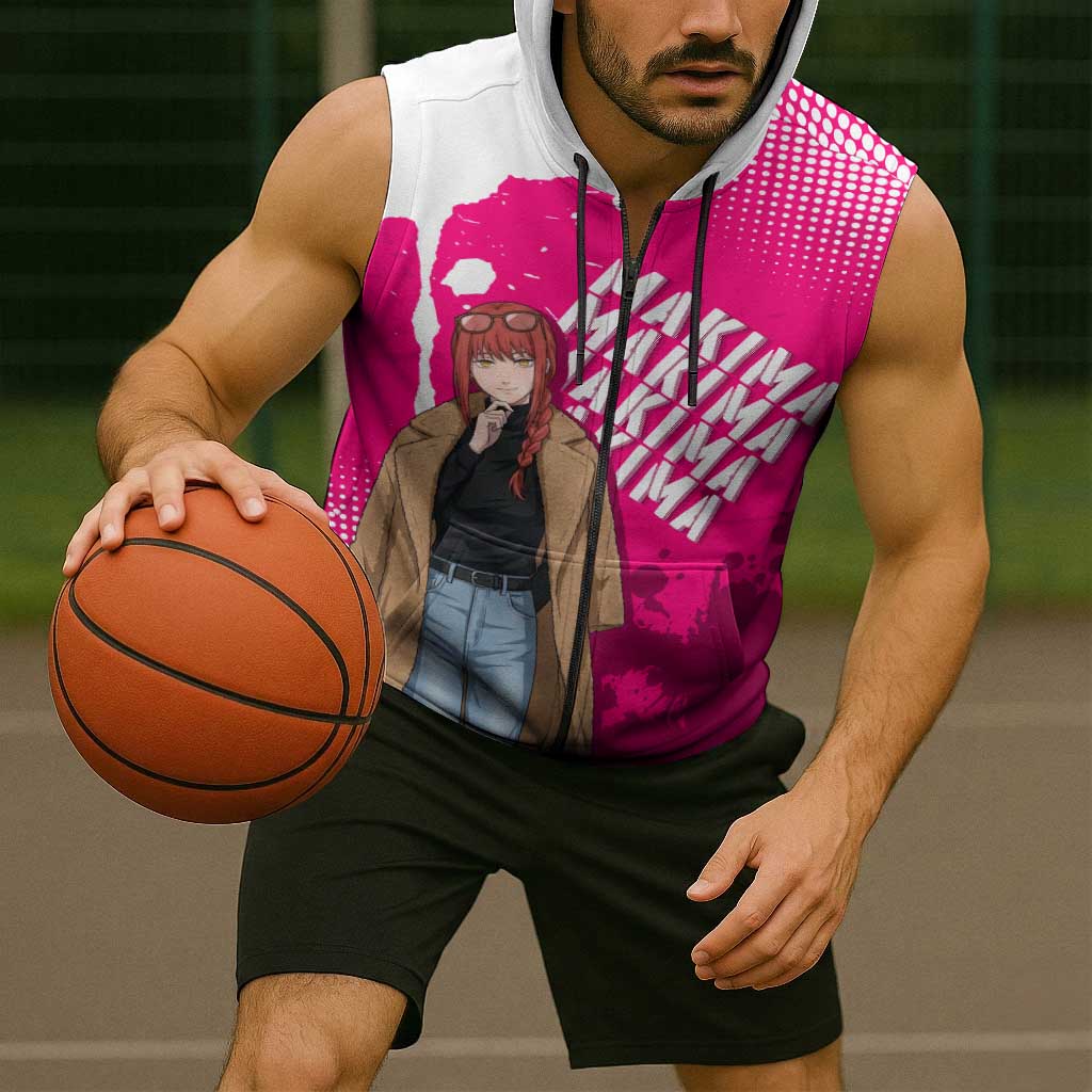 Makima Chainsaw Man Street Style Sleeveless Zip Hoodie Bold Anime Grunge Aesthetic in Hot Pink
