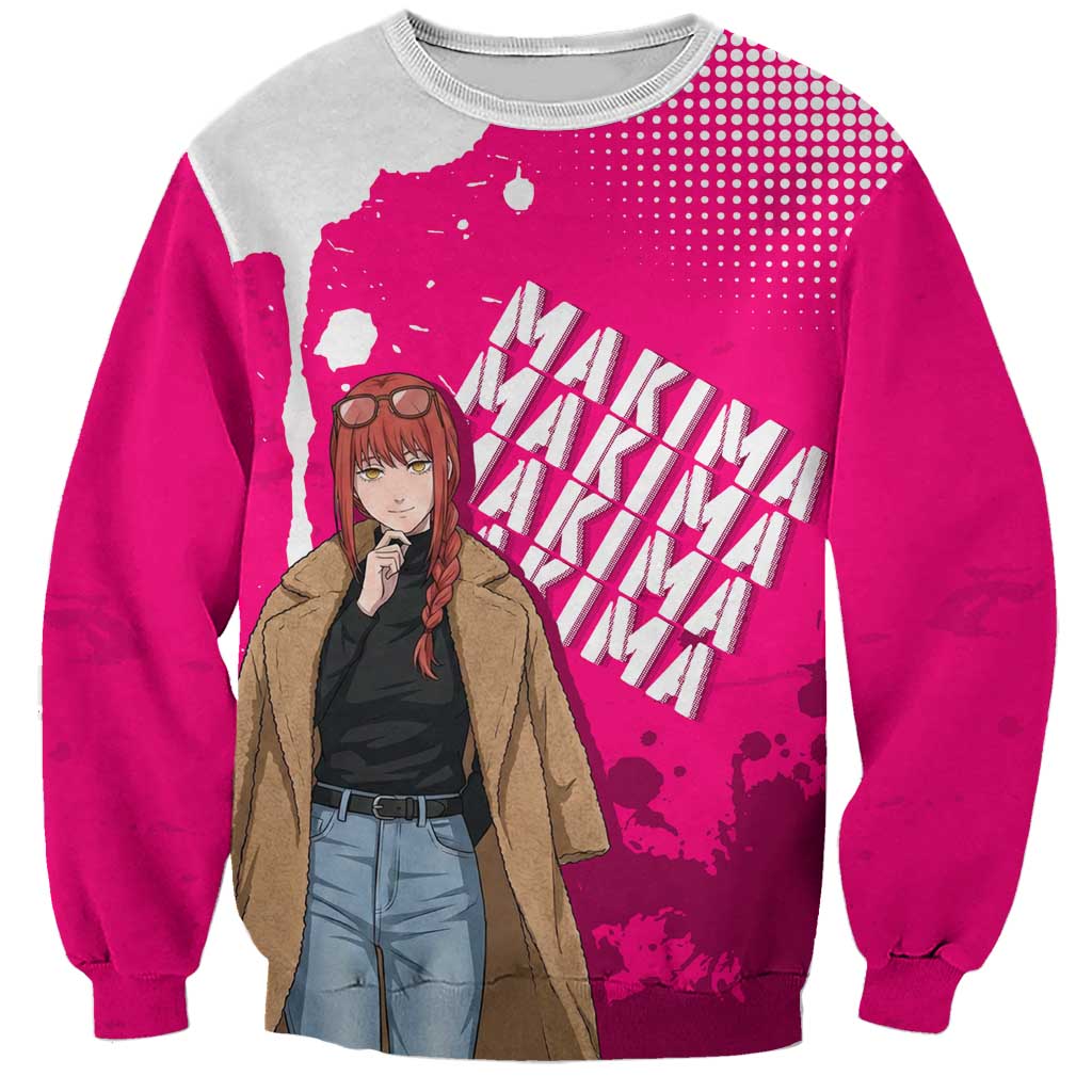 Makima Chainsaw Man Street Style Sweatshirt Bold Anime Grunge Aesthetic in Hot Pink