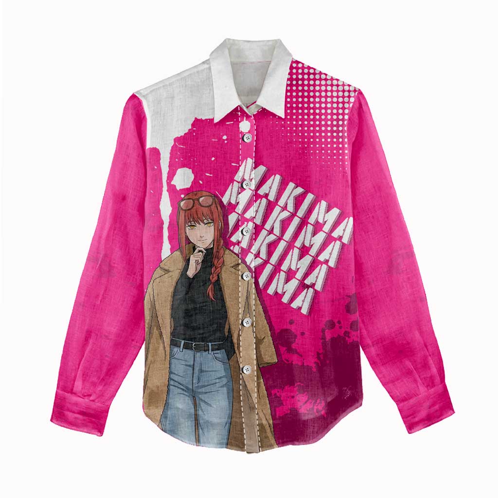 Makima Chainsaw Man Street Style Women Casual Shirt Bold Anime Grunge Aesthetic in Hot Pink