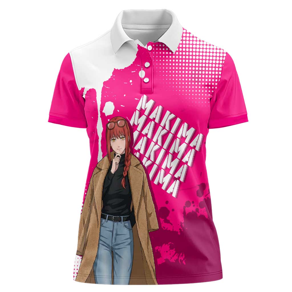 Makima Chainsaw Man Street Style Women Polo Shirt Bold Anime Grunge Aesthetic in Hot Pink