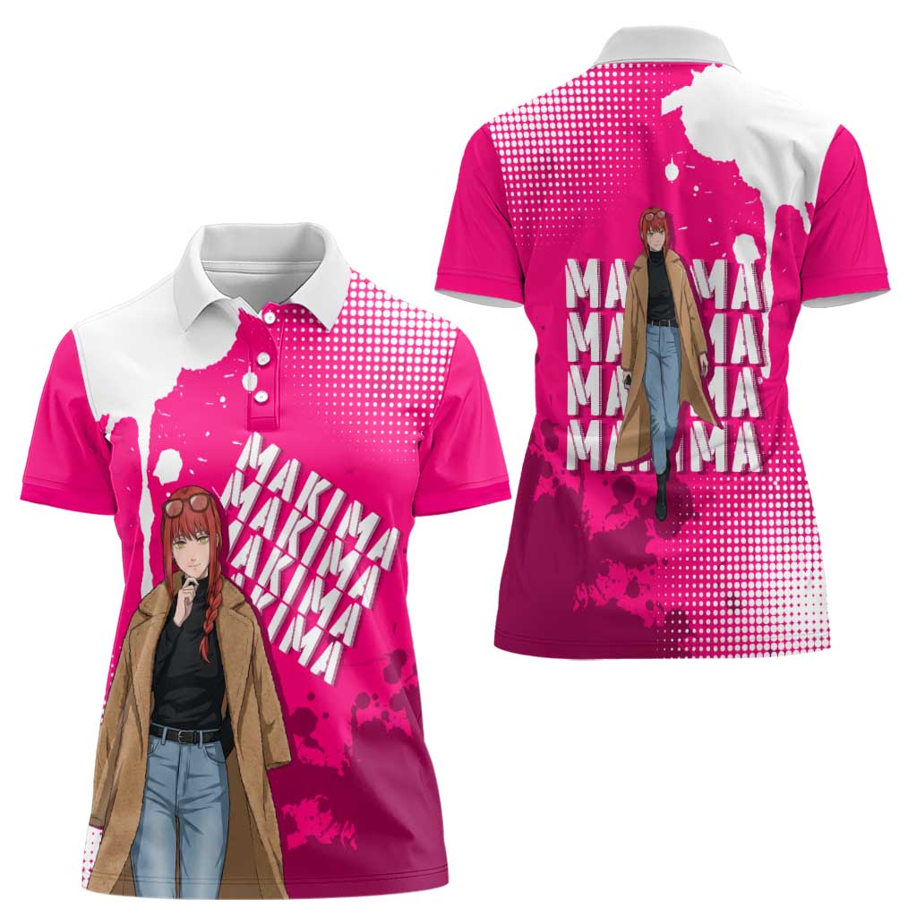 Makima Chainsaw Man Street Style Women Polo Shirt Bold Anime Grunge Aesthetic in Hot Pink