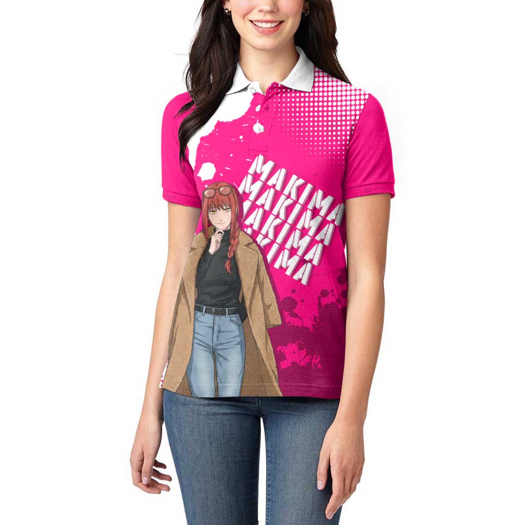 Makima Chainsaw Man Street Style Women Polo Shirt Bold Anime Grunge Aesthetic in Hot Pink