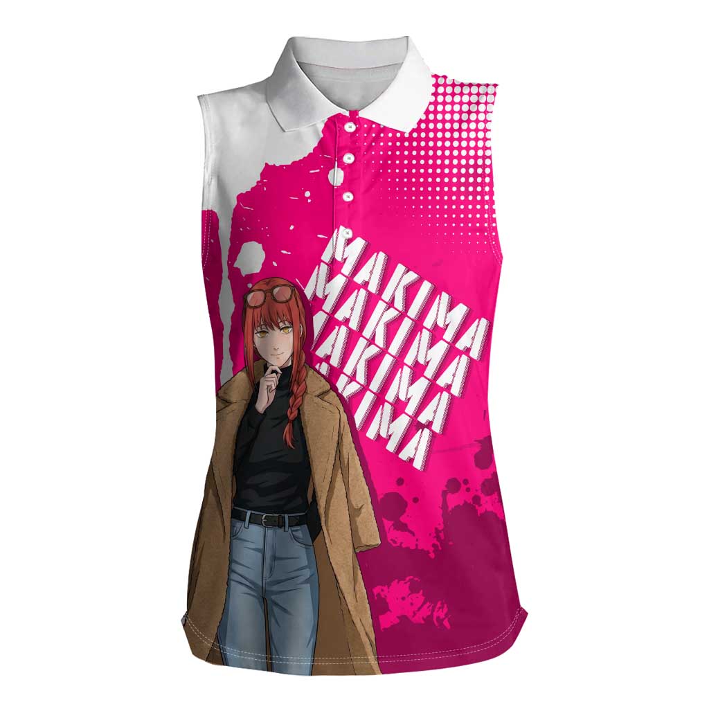 Makima Chainsaw Man Street Style Women Sleeveless Polo Shirt Bold Anime Grunge Aesthetic in Hot Pink