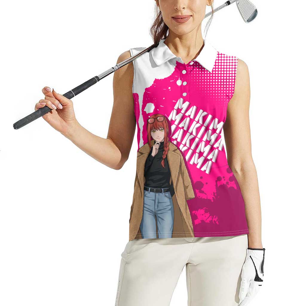 Makima Chainsaw Man Street Style Women Sleeveless Polo Shirt Bold Anime Grunge Aesthetic in Hot Pink