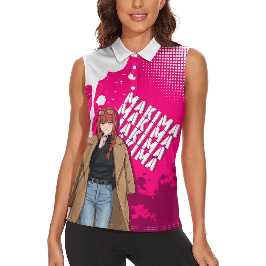 Makima Chainsaw Man Street Style Women Sleeveless Polo Shirt Bold Anime Grunge Aesthetic in Hot Pink