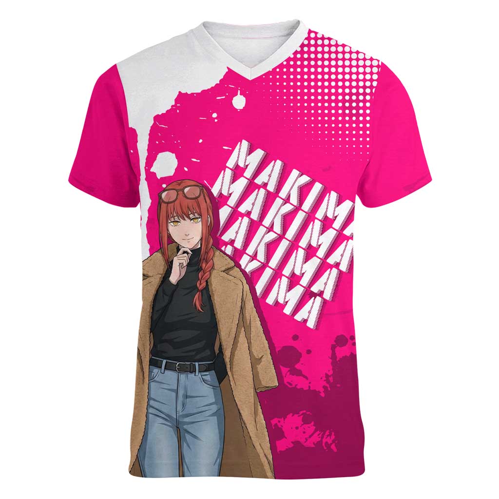 Makima Chainsaw Man Street Style Women V-Neck T-Shirt Bold Anime Grunge Aesthetic in Hot Pink