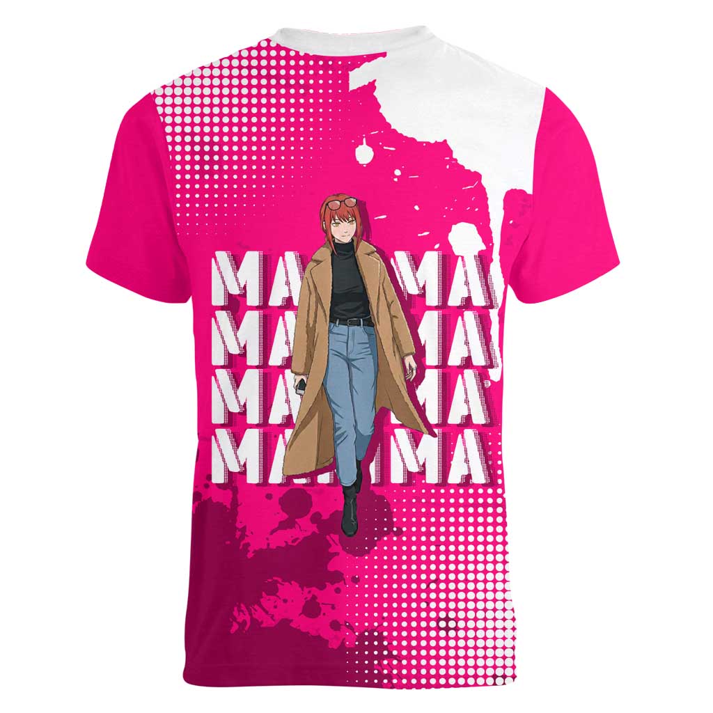 Makima Chainsaw Man Street Style Women V-Neck T-Shirt Bold Anime Grunge Aesthetic in Hot Pink