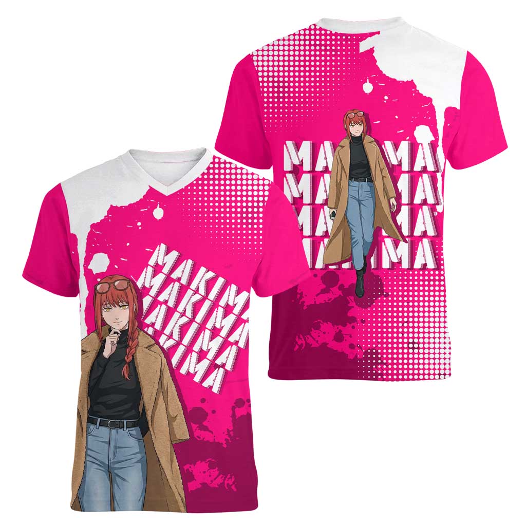 Makima Chainsaw Man Street Style Women V-Neck T-Shirt Bold Anime Grunge Aesthetic in Hot Pink