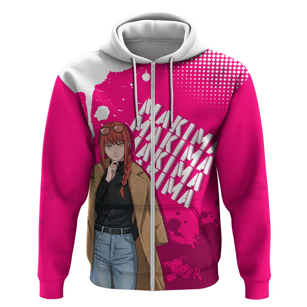 Makima Chainsaw Man Street Style Zip Hoodie Bold Anime Grunge Aesthetic in Hot Pink