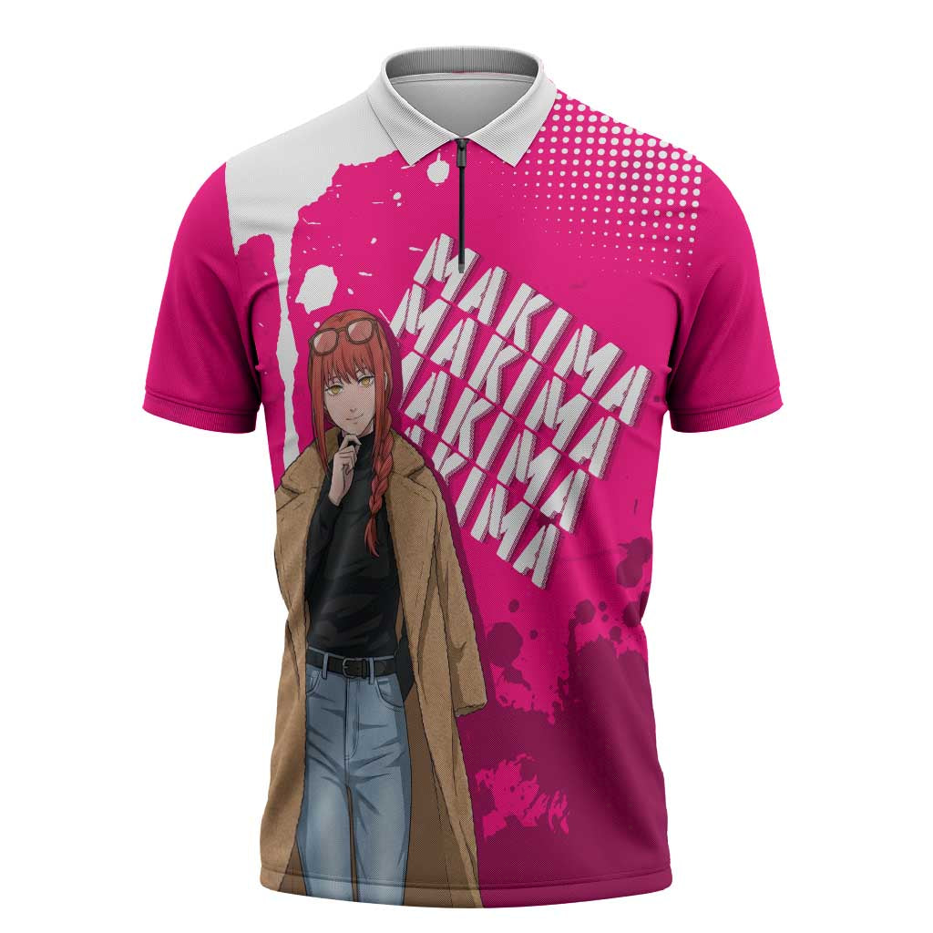 Makima Chainsaw Man Street Style Zipper Polo Shirt Bold Anime Grunge Aesthetic in Hot Pink