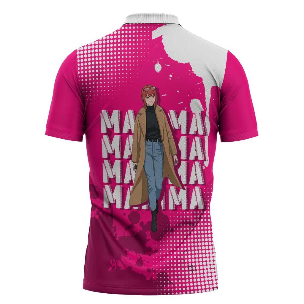Makima Chainsaw Man Street Style Zipper Polo Shirt Bold Anime Grunge Aesthetic in Hot Pink