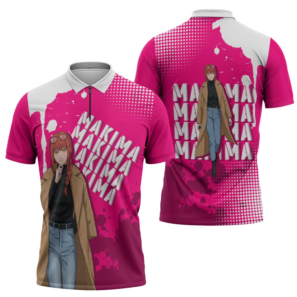 Makima Chainsaw Man Street Style Zipper Polo Shirt Bold Anime Grunge Aesthetic in Hot Pink
