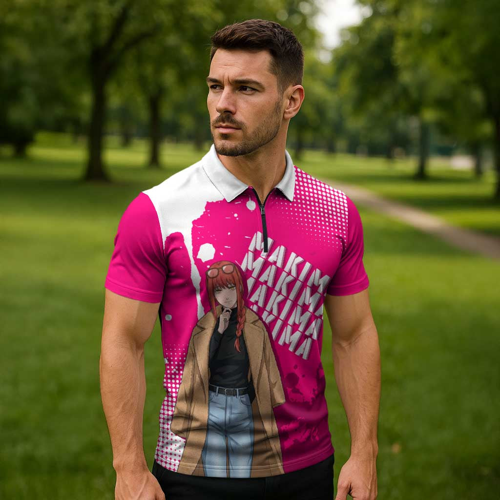 Makima Chainsaw Man Street Style Zipper Polo Shirt Bold Anime Grunge Aesthetic in Hot Pink