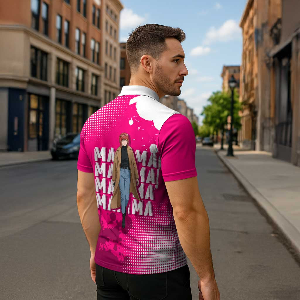 Makima Chainsaw Man Street Style Zipper Polo Shirt Bold Anime Grunge Aesthetic in Hot Pink