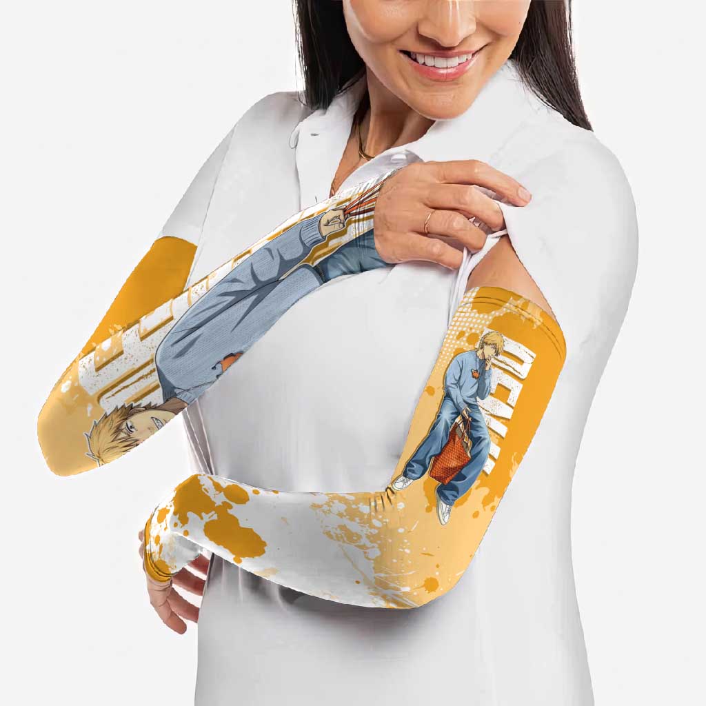Denji Chainsaw Man Urban Drip Arm Sleeves Streetwear Anime Vibes in Orange Tones
