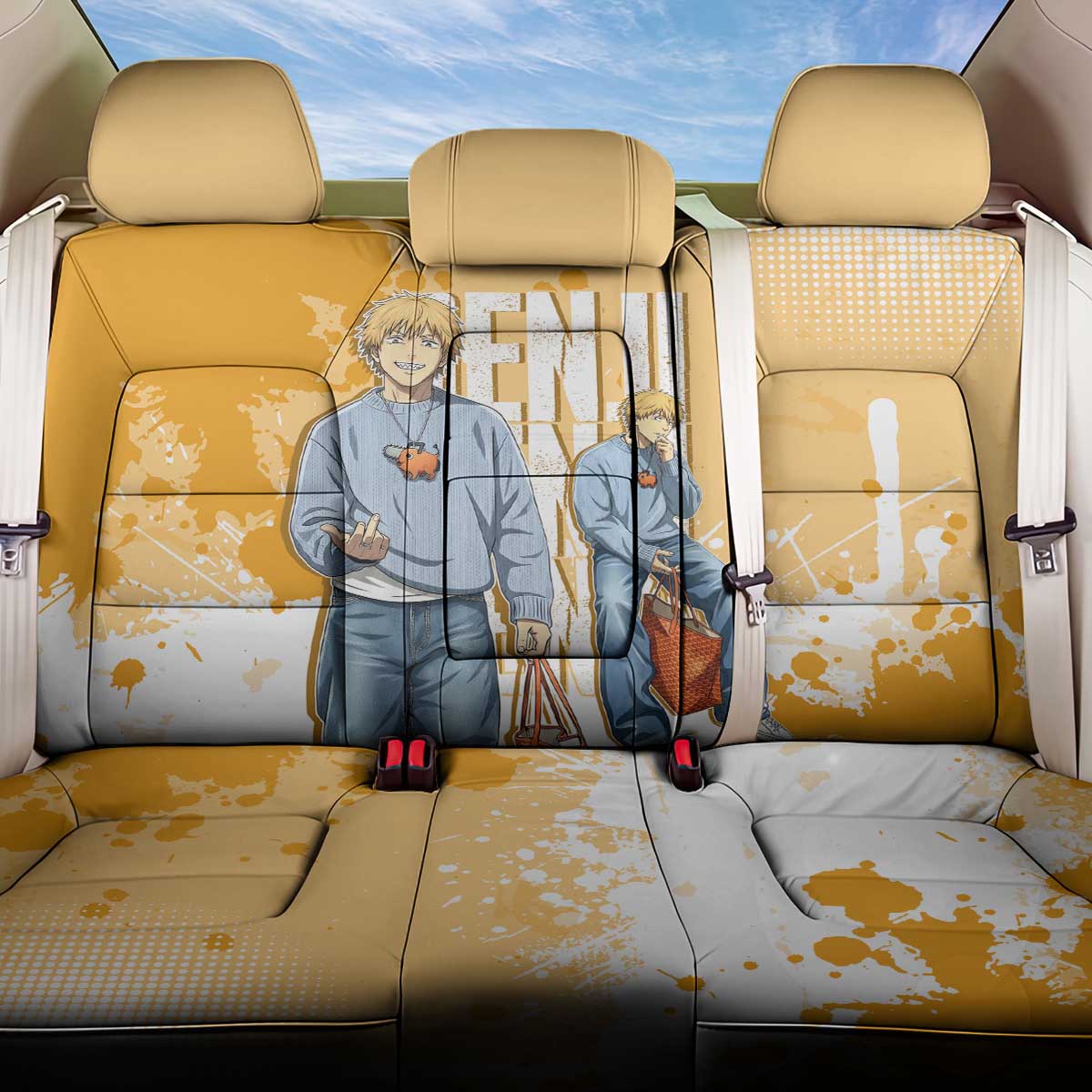 Denji Chainsaw Man Urban Drip Back Car Seat Cover Streetwear Anime Vibes in Orange Tones