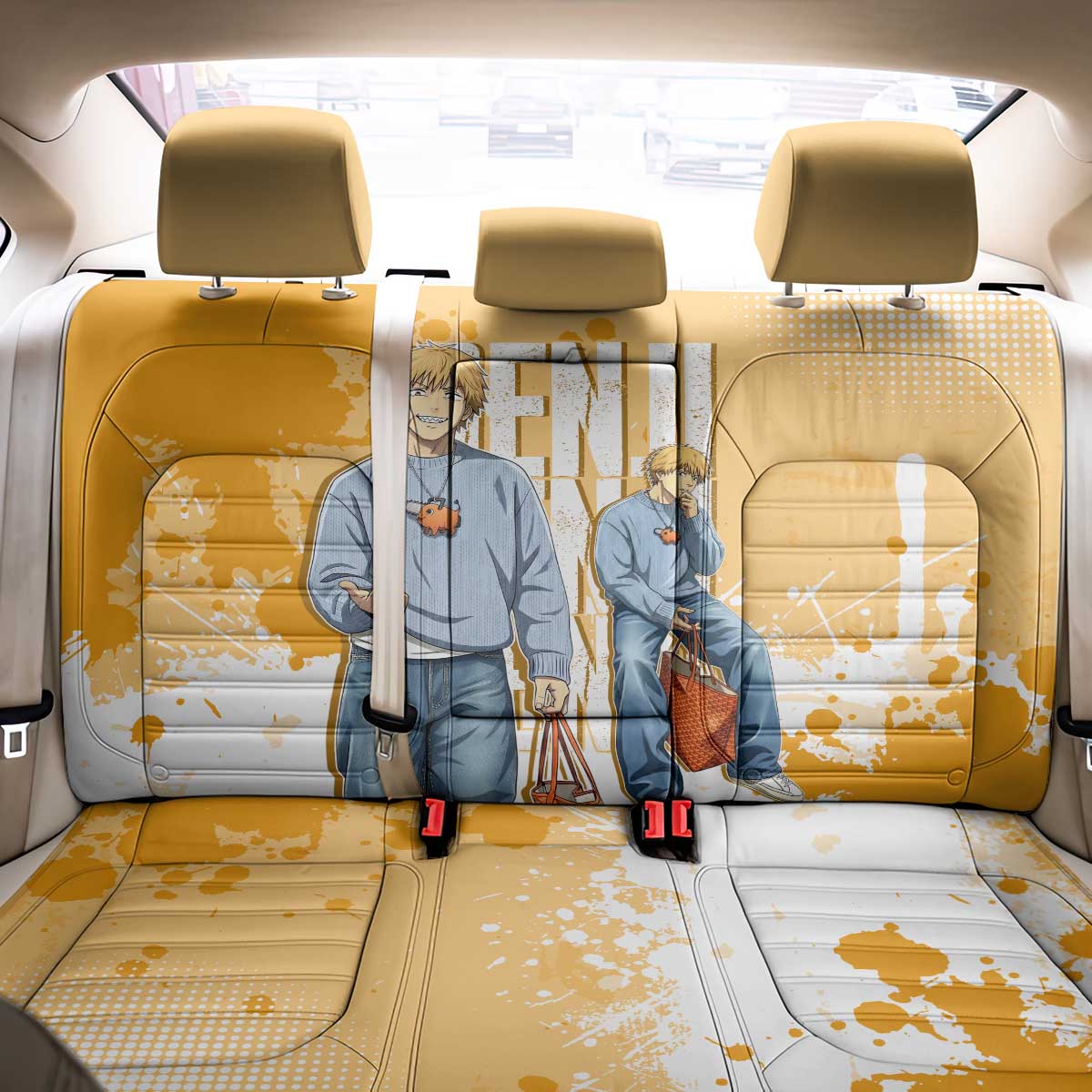 Denji Chainsaw Man Urban Drip Back Car Seat Cover Streetwear Anime Vibes in Orange Tones