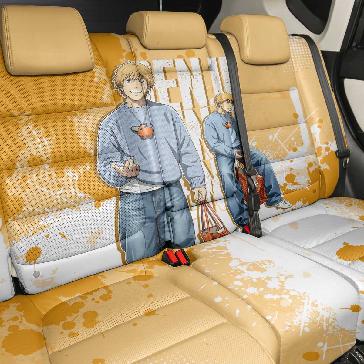 Denji Chainsaw Man Urban Drip Back Car Seat Cover Streetwear Anime Vibes in Orange Tones