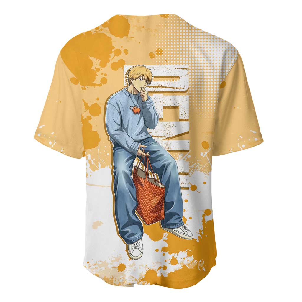 Denji Chainsaw Man Urban Drip Baseball Jersey Streetwear Anime Vibes in Orange Tones