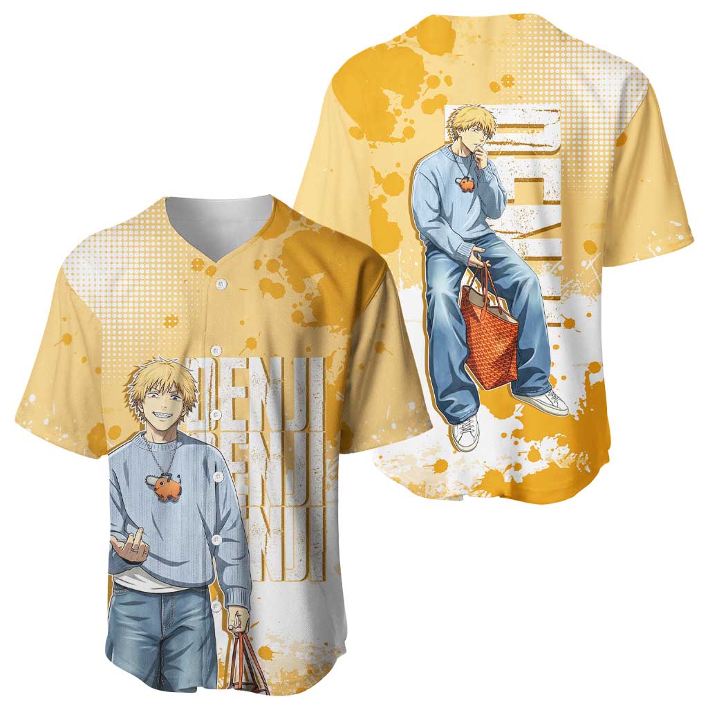 Denji Chainsaw Man Urban Drip Baseball Jersey Streetwear Anime Vibes in Orange Tones