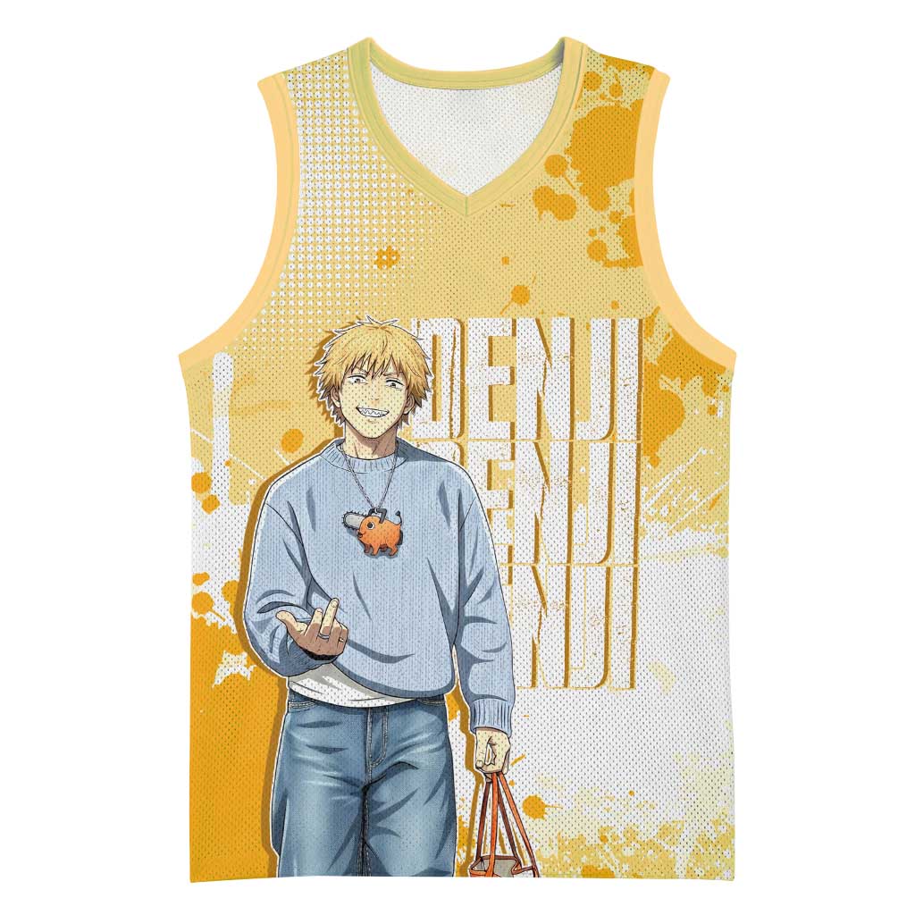 Denji Chainsaw Man Urban Drip Basketball Jersey Streetwear Anime Vibes in Orange Tones