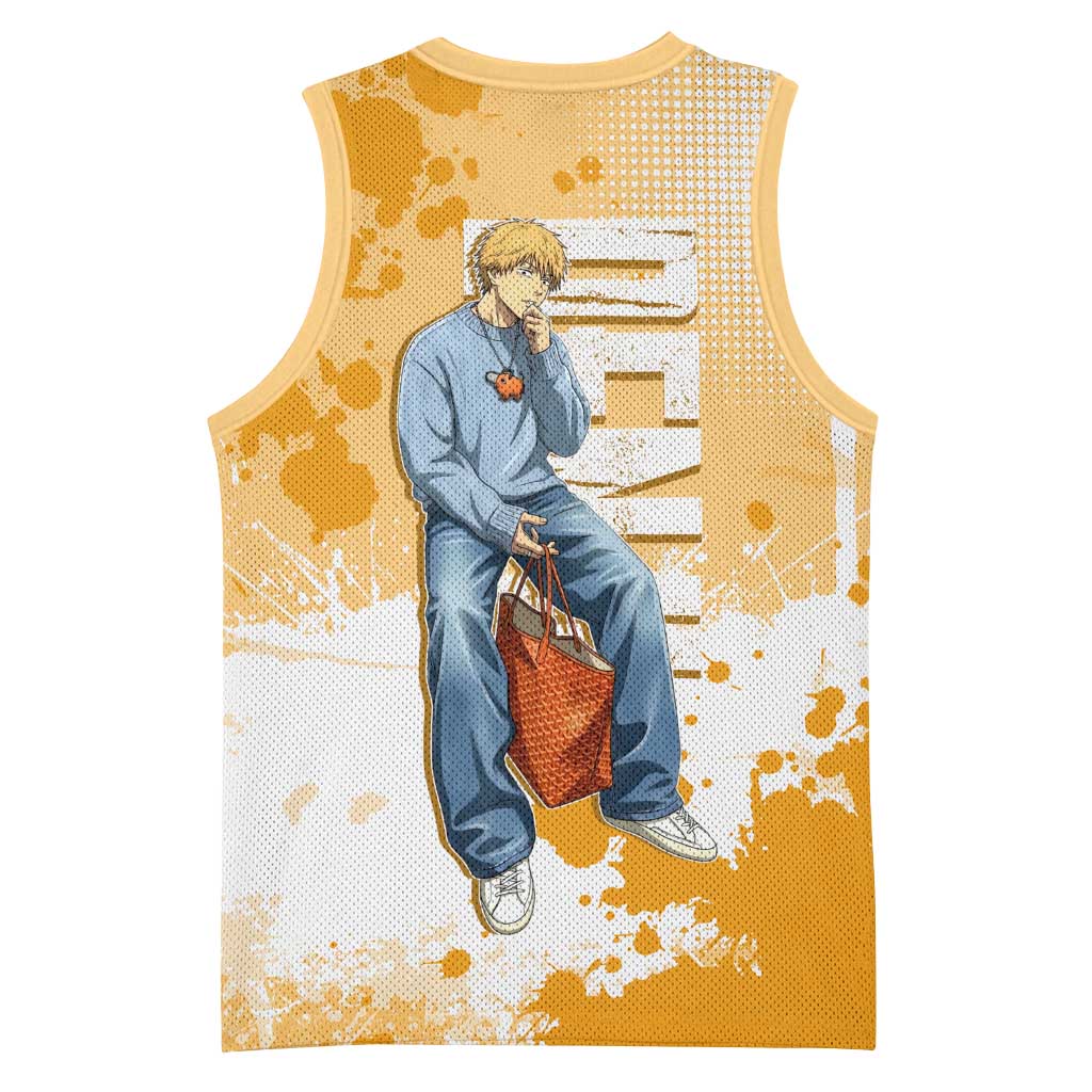 Denji Chainsaw Man Urban Drip Basketball Jersey Streetwear Anime Vibes in Orange Tones