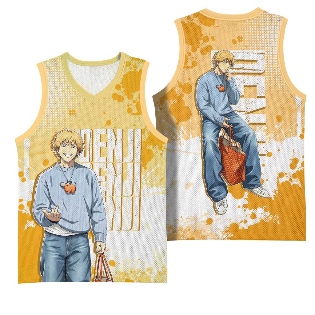 Denji Chainsaw Man Urban Drip Basketball Jersey Streetwear Anime Vibes in Orange Tones
