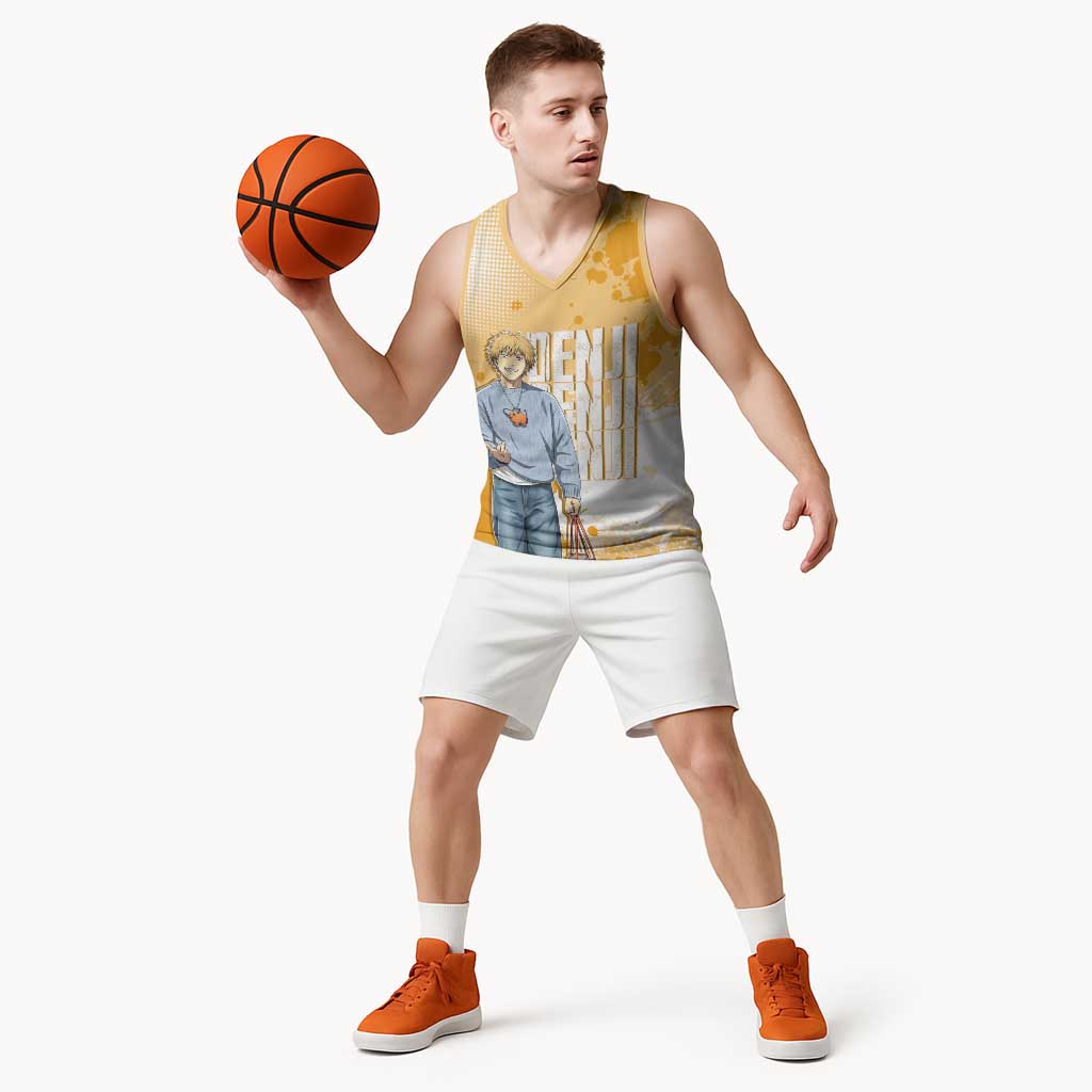 Denji Chainsaw Man Urban Drip Basketball Jersey Streetwear Anime Vibes in Orange Tones