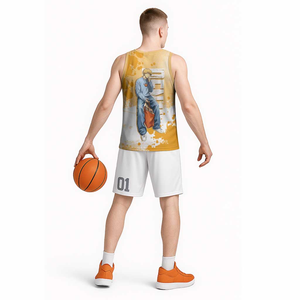 Denji Chainsaw Man Urban Drip Basketball Jersey Streetwear Anime Vibes in Orange Tones