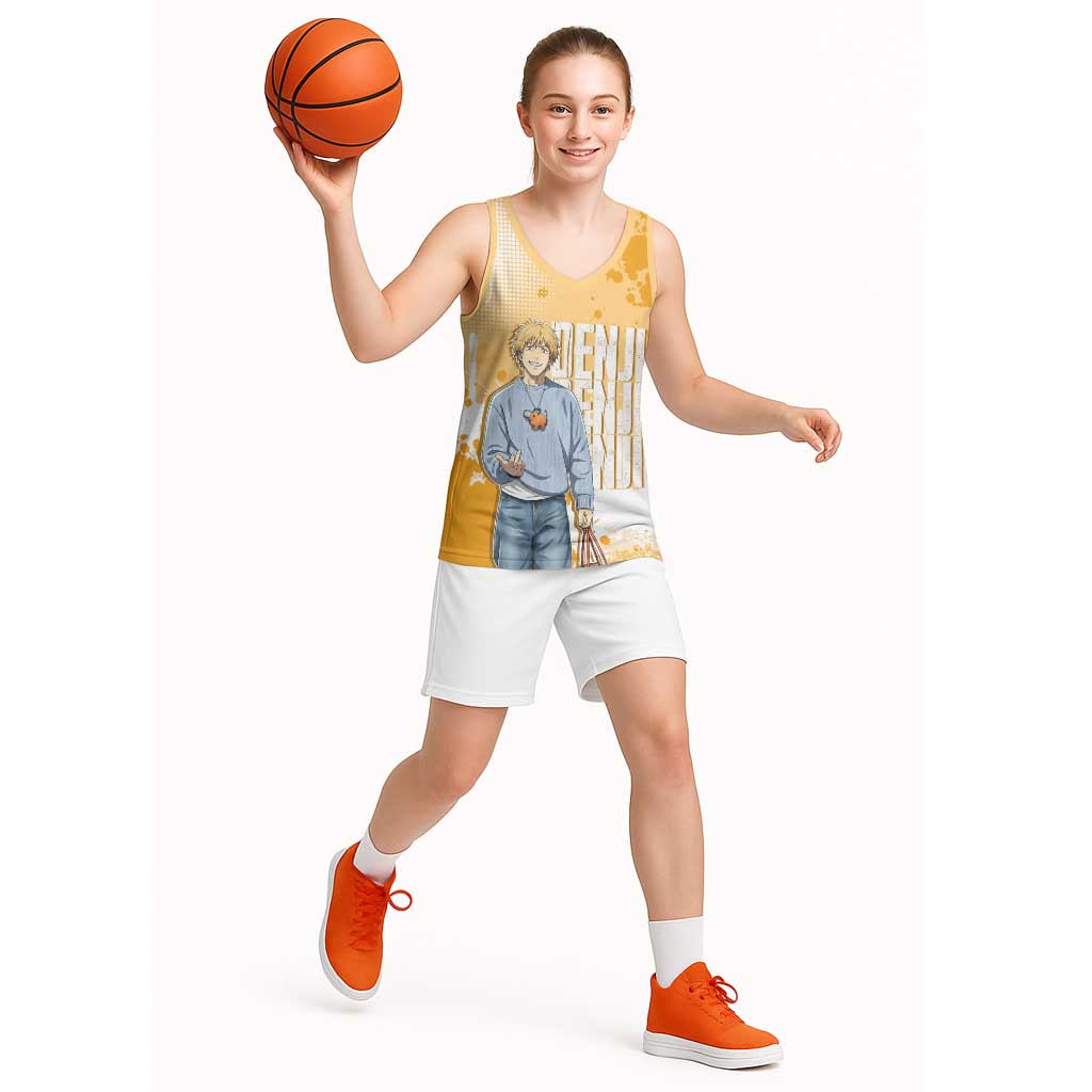 Denji Chainsaw Man Urban Drip Basketball Jersey Streetwear Anime Vibes in Orange Tones