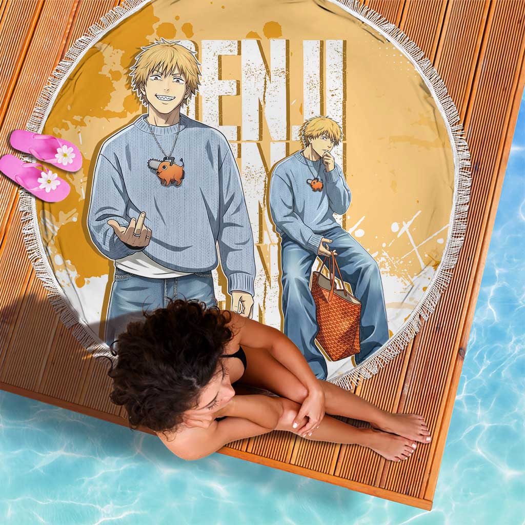 Denji Chainsaw Man Urban Drip Beach Blanket Streetwear Anime Vibes in Orange Tones