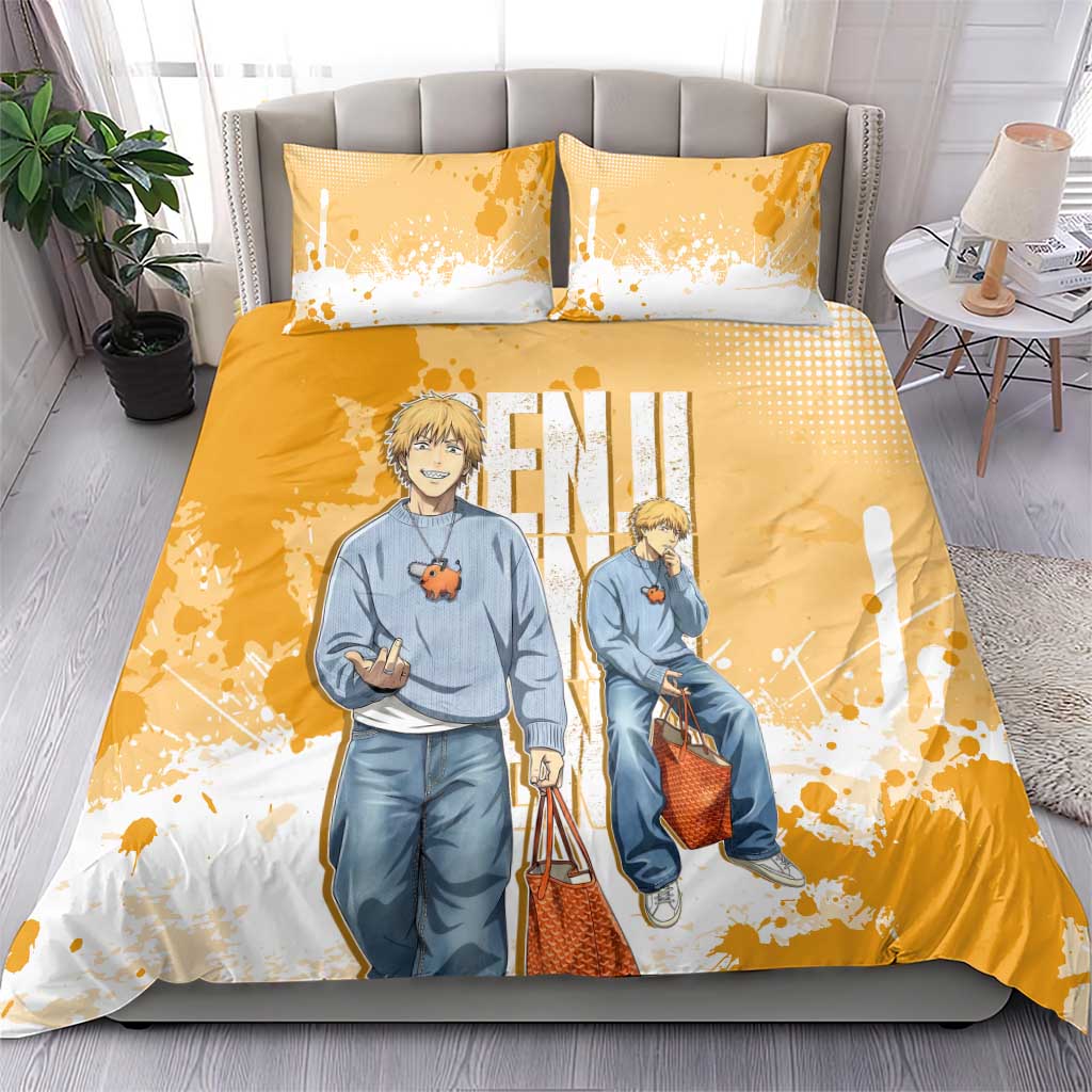 Denji Chainsaw Man Urban Drip Bedding Set Streetwear Anime Vibes in Orange Tones
