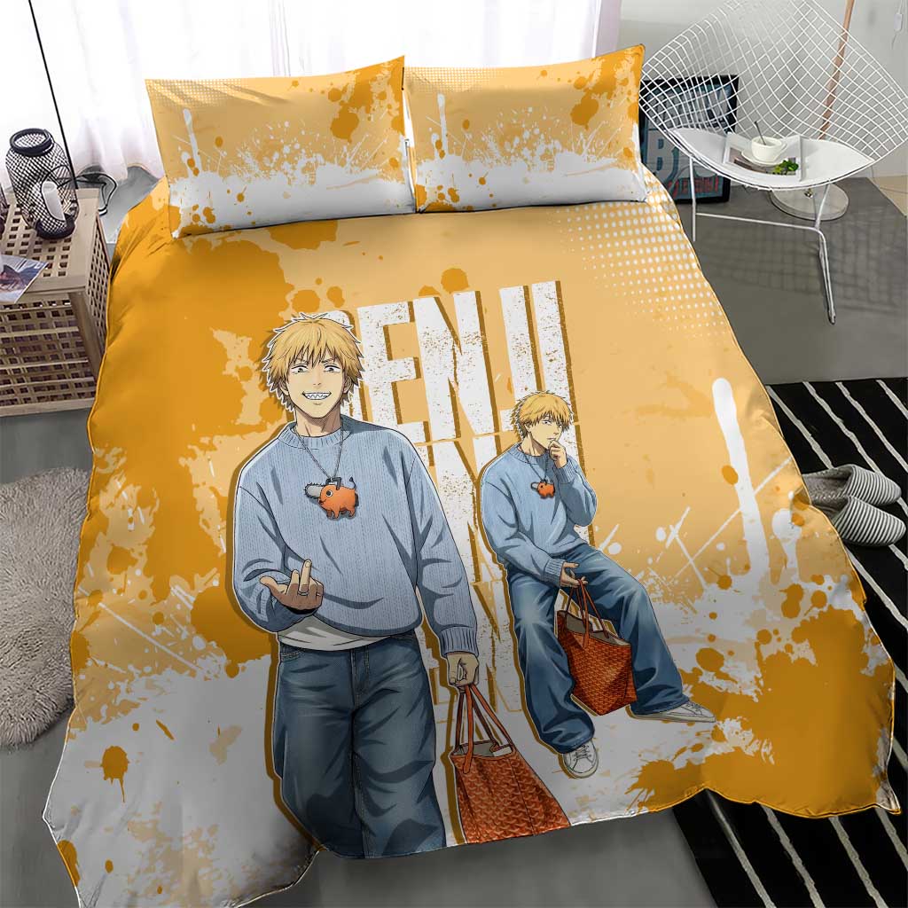Denji Chainsaw Man Urban Drip Bedding Set Streetwear Anime Vibes in Orange Tones
