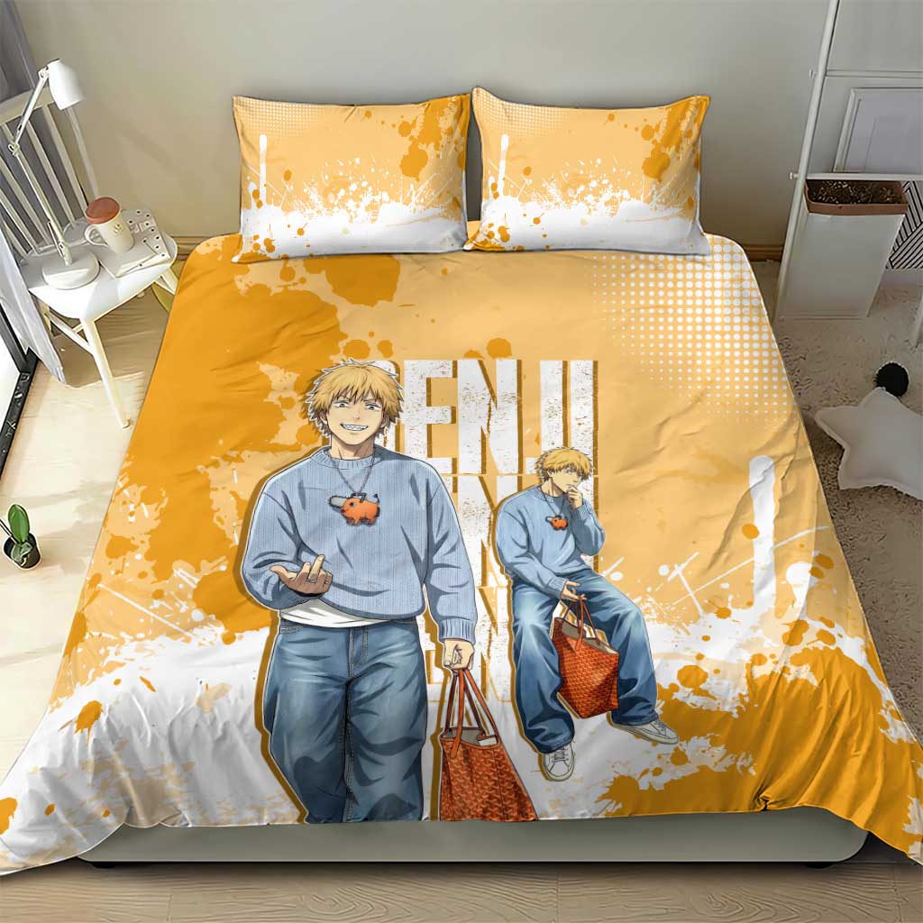 Denji Chainsaw Man Urban Drip Bedding Set Streetwear Anime Vibes in Orange Tones